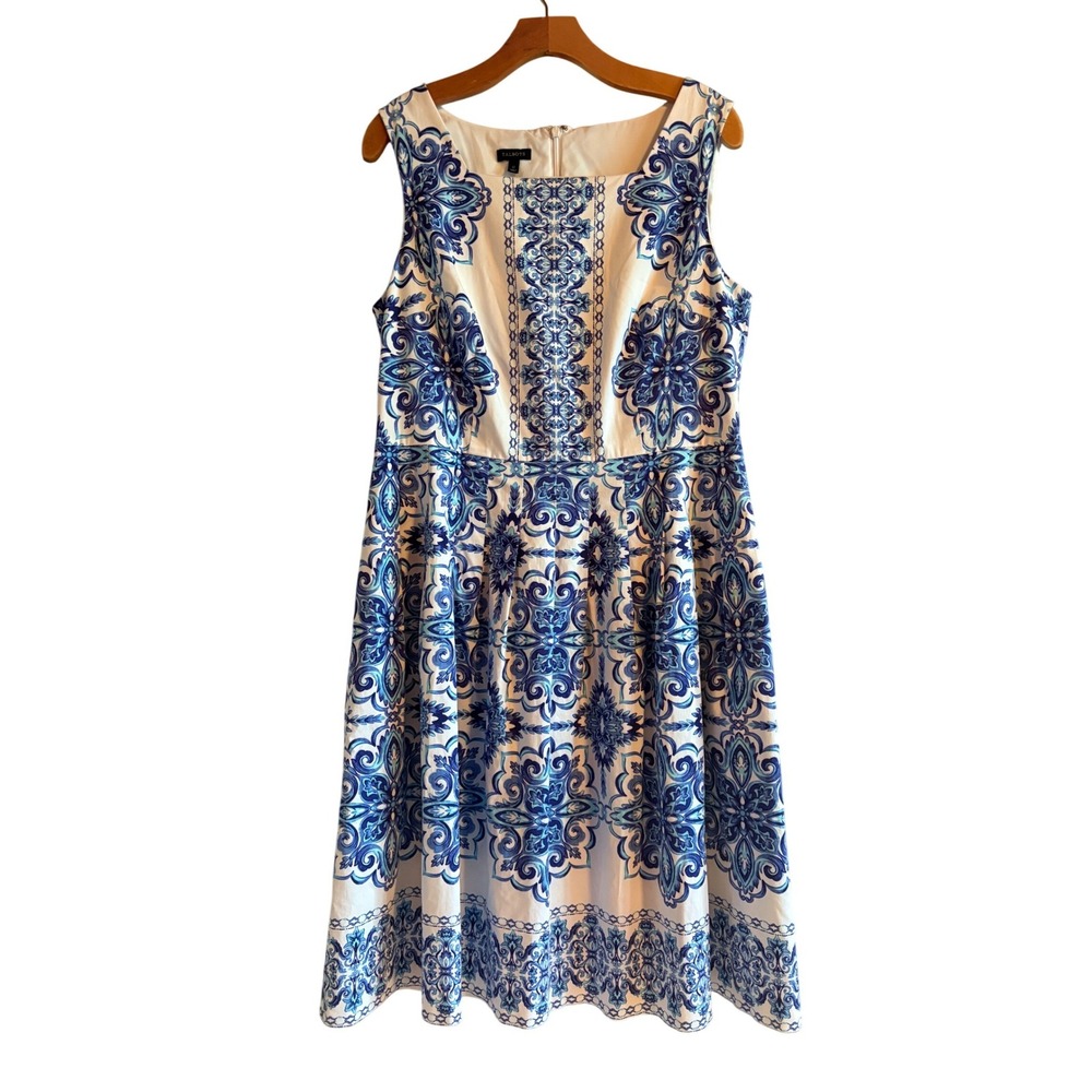 Talbots Blue White Medallion Tile Print Fit Flare Dress Pockets Womens 12